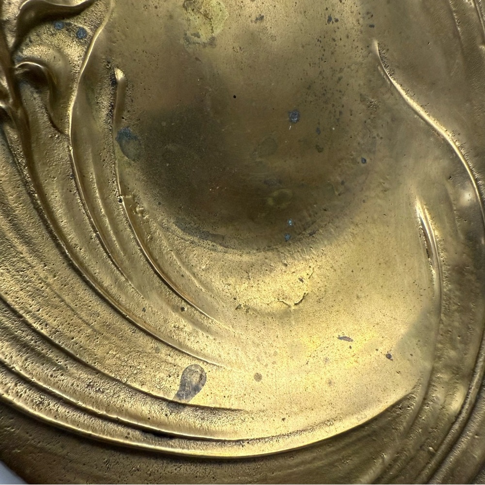 Vintage Art Nouveau Ethereal Woman Iris Floral Solid Brass Trinket Dish Catchall - Picture 10 of 12